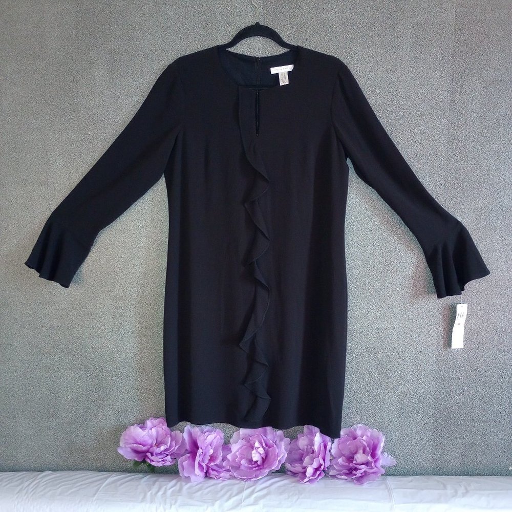 LONDON TIMES BLACK DRESS - RUFFLE FRONT LONG SLEEVE (Size:12) NEW